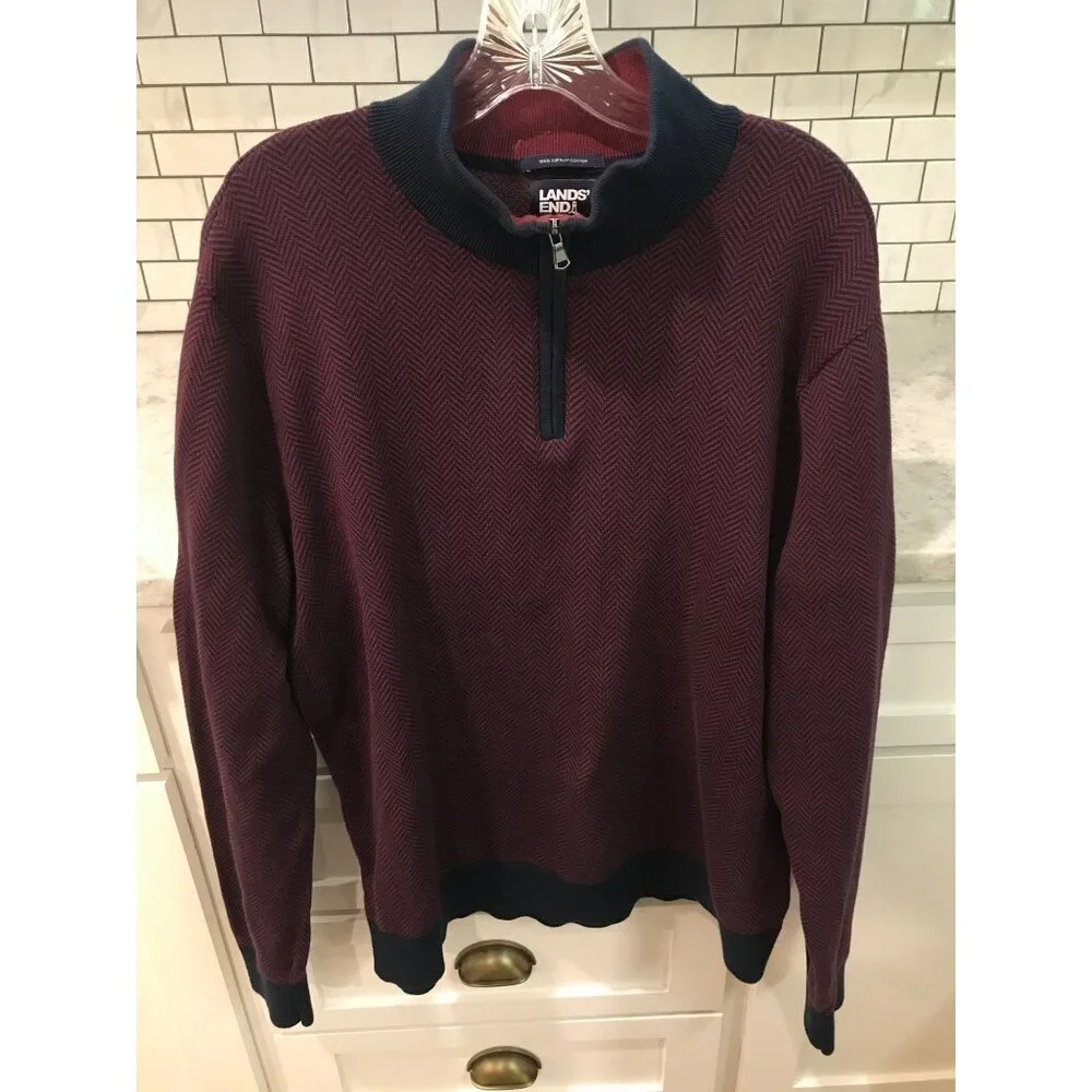 Lands End Quarter Zip Pullover Mens XL Deep Maroon Navy Blue Chevron Stripe - Picture 1 of 8